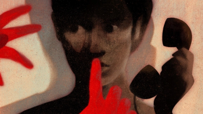 An illustration of a woman holding a phone with two red hands around her, one in a shushing position